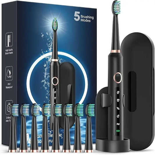 RTAUYS Sonic Electric Toothbrush for Adults - Rechargeable Electric Toothbrushes with 8 Brush Heads & Holder, Travel Case, Power Electric Toothbrush with Holder，3 Hours Charge for 120 Days